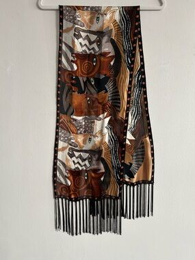 Laurel Burch Silk Scarf "Moroccan Mares " Black Brown Horses W/ Fringe 11” x 54"